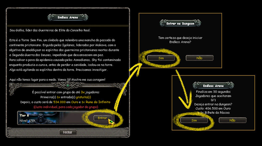 Interface completa de entrada na Endless Arena com painel de Gallia, sele&ccedil;&atilde;o do tier e duas telas de confirma&ccedil;&atilde;o