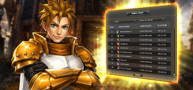 Guarda Real e janela de classifica&ccedil;&atilde;o da Endless Arena com filtros de tier e classe